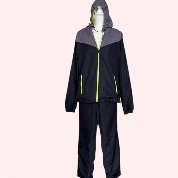 BCG Windsuit Gray Black Neon Green Hooded Jacket & Pants Tracksuit Unisex Sz L - Picture 14 of 14